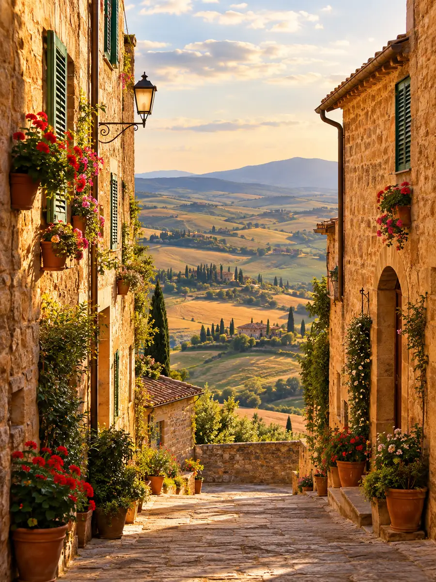 A sunlit stone lane in Pienza opening onto the Val d'Orcia hills