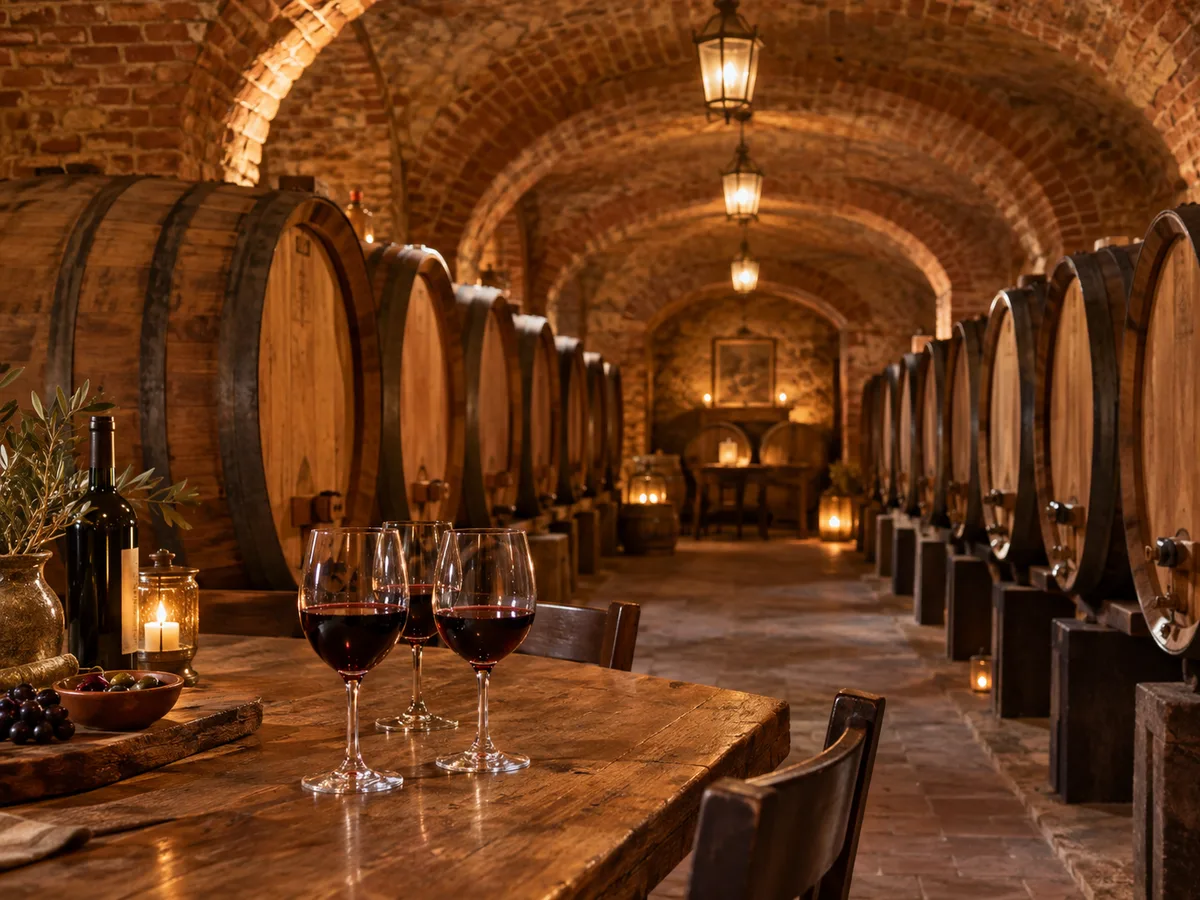 Oak wine barrels in a brick-vaulted cellar