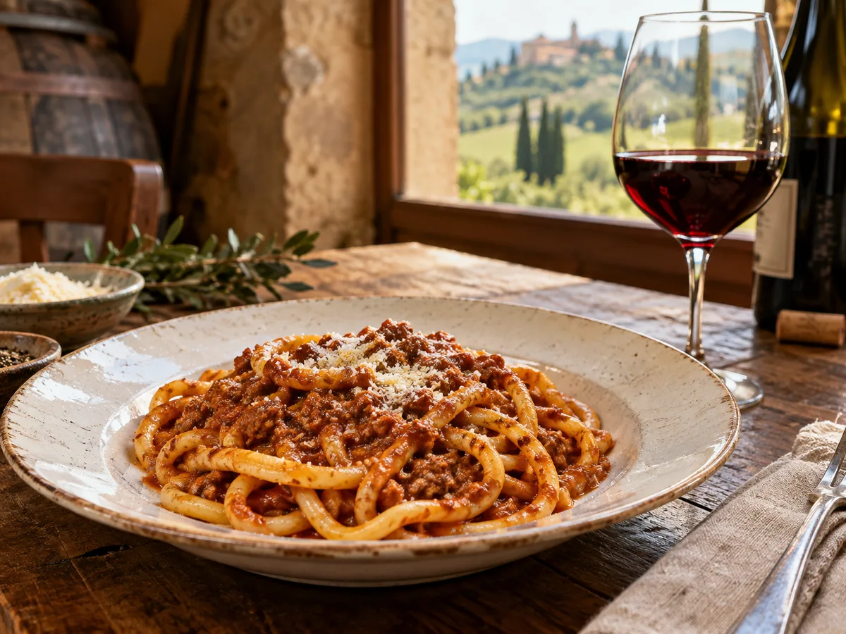 A plate of pici pasta and a glass of red wine on a winery table