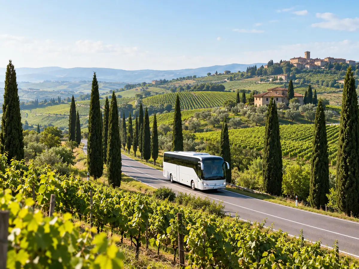 A cypress-lined road through green Tuscan hills